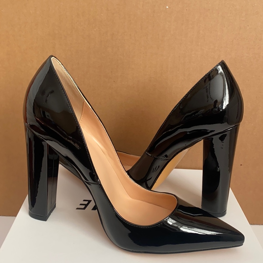Black Patent Leather Closed Toe Block Heels